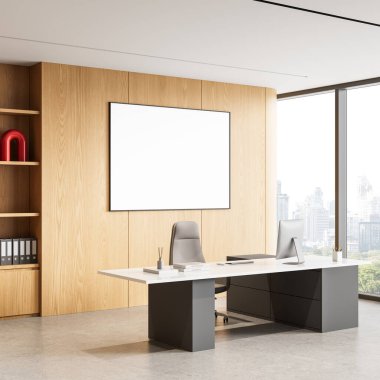 Modern ofis içi ahşap duvarda boş bir poster, minimalist masa ve şehir manzaralı temiz bir düzen. Çalışma alanı tasarımı kavramı. 3B Hazırlama