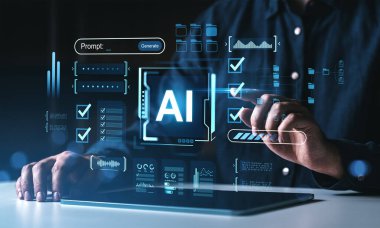 Eller fütüristik yapay zeka arayüzü, parlak mavi teknoloji grafikleri ve karanlık arka plandaki veri grafikleri, akıllı dijital yenilik kavramı ile etkileşim halindedir.