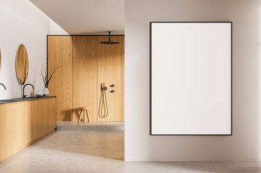 Temiz duvarda çerçevelenmiş boş poster modeli, şık banyo iç dekorasyonu, ahşap paneller, modern dekorasyon ve doğal ışıklandırma. 3B Hazırlama