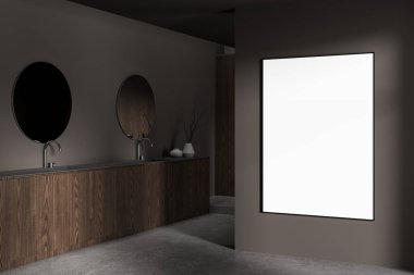 Minimalist banyo, ahşap dolaplar, yuvarlak aynalar ve arka planda temiz çerçeveli poster modeli. 3B Hazırlama