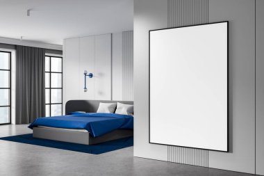 Temiz duvarında büyük boş dikey poster çerçevesi olan modern yatak odası, tasarım ve sunum için parlak minimum iç tasarım konsepti. 3B Hazırlama