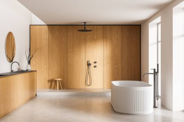 Ahşap kaplamalı modern banyo, beyaz küvet ve temiz arka planda minimalist tarzda modern aksesuarlar. İç tasarım konsepti. 3B Hazırlama