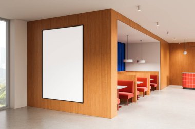 Süslü kafenin içindeki tahta duvarda dikey boş poster modeli kırmızı kabin koltukları, kolye ışıkları ve temiz bir düzen var. Duvar sanatı kavramı. 3B Hazırlama