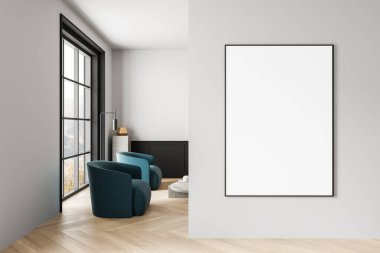 Temiz duvarları, ahşap zemini ve zarif mobilyaları olan, tasarım sunumu için mükemmel, çağdaş bir iç mekânda boş bir poster modeli. 3B Hazırlama