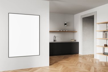 Modern mutfak mutfağında beyaz çerçeveli boş poster çerçevesi ahşap zemin, minimalist düzen ve sanat, tasarım ya da konsept şablonu için temiz alan. 3B Hazırlama