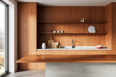 Ahşap dolap, mermer ada ve nötr dekor ile minimalist mutfak iç mimarisi, parlak kapalı arka planda modern mimari tasarım. 3B Hazırlama