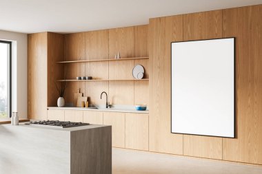 Ahşap mutfak dolapları ve duvarında büyük boş poster modeliyle çağdaş mutfak, minimal dekor ve nötr arkaplan. 3B Hazırlama