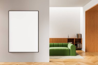 Boş çerçeveli poster tasarımı asgari oturma odasındaki duvarda yeşil kanepe, ahşap zemin ve mobilya, 3D tasarım, tasarım konsepti