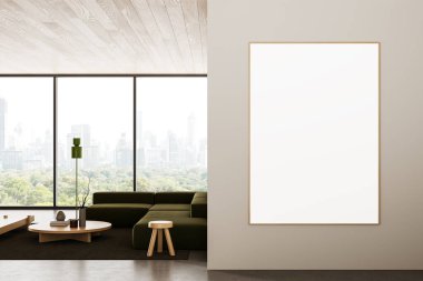 Modern iç mekanda boş poster modeli, yeşil kanepe, ahşap masa ve panoramik şehir manzarası, temiz duvarda asgari yerleşim. 3B Hazırlama