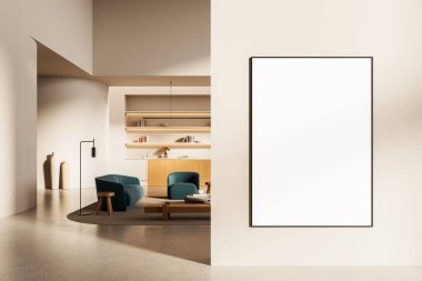 Parlak duvarında boş dikey posteri olan modern iç mekan, temiz düzen, yumuşak ışıklandırma, şık mobilyalar, tasarım şablonu konsepti. 3B Hazırlama