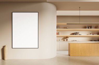 Kavisli duvarda boş dikey poster parlak, modern iç kısımda ahşap adalar, dahili raflar ve yumuşak ışıklandırma. 3B Hazırlama
