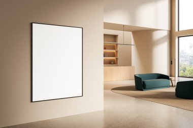 Bej duvarları, minimalist mobilyaları ve geniş pencereleri olan boş poster modeli, temiz tasarım sunumu konsepti. 3B Hazırlama