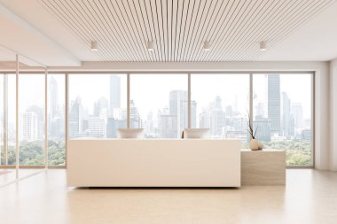 Parlak beyaz bir masa, ahşap tavan panelleri ve şehir manzaralı geniş pencereleri olan bir resepsiyon alanı. Modern iç tasarım konseptinin 3B tasarımı
