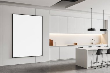 Boş çerçeveli poster modeli, temiz mutfak duvarında, minimalist bir iç mimari, beyaz dolap, modern tasarım ve gösterişli tasarım. 3B Hazırlama