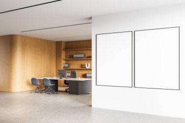 Çağdaş ofis alanı çerçeveli boş posterler temiz beyaz bir duvarda, minimal tasarım düzeni, ahşap raflar ve arka planda çalışma alanı, 3D oluşturma