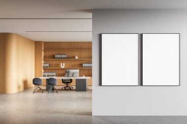 Modern ofis içinde beyaz temiz duvara iki dikey boş çerçeve poster, ahşap panel arka plan, yerleşim şablonu veya tasarım görüntüsü konsepti. 3B Hazırlama