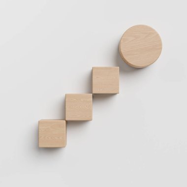 Küp şeklinde hafif tahta bloklar ve beyaz arka planda merdiven basamakları şeklinde bir daire, tasarım veya modelleme için asgari soyut konsept. 3B Hazırlama