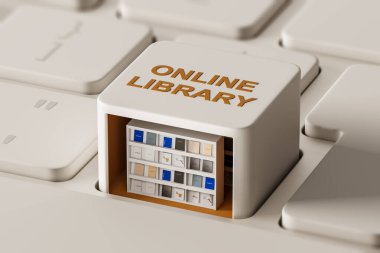 Çevrimiçi Kütüphane etiketli klavye anahtarı içinde yumuşak bir bej arka planda 3D kitaplık var. Dijital eğitim ve sanal öğrenme kavramı. 3B Hazırlama