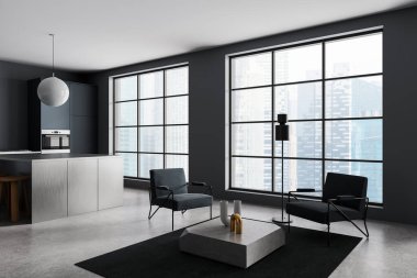 Minimalist oturma odasının modern iç tasarımı. Büyük pencereleri, parlak şehir manzarası arka planında parlak mobilyaları ve mutfak alanı var. 3B Hazırlama