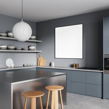 Gri duvarında boş kare poster çerçevesi, minimalist iç tasarımı, metalik yüzeyleri ve tahta tabureleri olan çağdaş bir mutfak. 3B Hazırlama