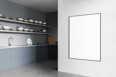 Beyaz duvarda boş poster çerçevesi olan çağdaş mutfak iç mimarisi, minimal tasarım tarzı, temiz arkaplan. Duvar modelleme ve şablon kavramı. 3B Hazırlama