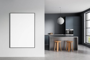 Minimalist mutfak alanı, duvarında boş posterler, çağdaş mobilyalar, kolye ışığı ve pencereden geçen gün ışığı. 3B Hazırlama