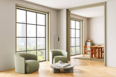 Yeşil koltukları, ahşap kahve masası ve geniş pencereli ve parke zeminli yemek seti olan zarif bir iç mekan. 3B Hazırlama