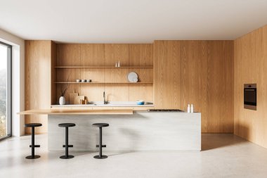 Işıl ışıl ahşap dolapları, açık rafları ve mermer adası olan, tarafsız arka planda minimalist tasarımı olan gösterişli bir mutfak. 3B Hazırlama