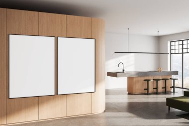 Modern mutfak içinin kıvrımlı ahşap duvarında iki boş poster, minimalist grafik tarzı, güneşli beton zemin arka planı, tasarım modeli konsepti. 3B Hazırlama