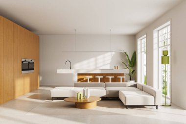 Beyaz kesimlik kanepe, ahşap kabin ve arka planda minimalist mutfak ile parlak modern iç tasarım. Zarif yaşam kavramı. 3B Hazırlama