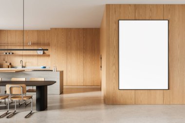 Çağdaş mutfak iç mimarisi ahşap panel duvarlar, büyük dikey boş poster maketi, minimum mobilya, temiz tasarım. 3B Hazırlama