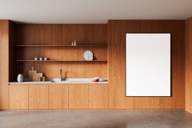 Ahşap mutfak iç mimarisi, açık raflar ve lavabo, duvarda boş çerçeveli bir poster, temiz arka planda minimum stil, tasarım sunum konsepti, 3D Rendering