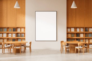 Duvardaki boş poster şablonu, şık iç dekorasyonlarda, ahşap mobilyalar ve kitaplıklarla, yumuşak ışıklandırmanın altında. Tasarım modeli kavramı. 3B Hazırlama