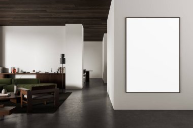 Modern bir iç mekanda, beyaz bir duvarda, koyu renk döşeme ve ahşap tavanlı, tasarım sunumu için parlak, boş bir poster modeli. 3B Hazırlama