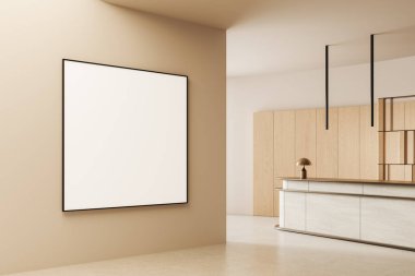 Boş poster modeli bej duvarda asılıydı modern iç dekorasyon, ahşap aksanlı ve nötr arka planlı. 3B Hazırlama
