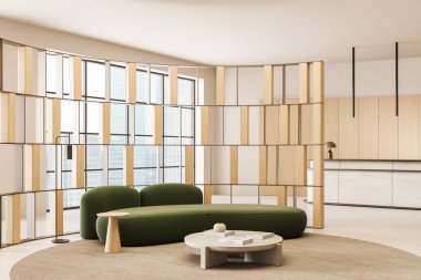 Yeşil kıvrımlı kanepe, tahta panel ayırıcı ve açık yaşam alanında nötr palet modern mimari konsepti, 3D rendeleme