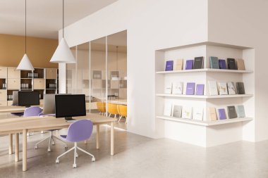 Çağdaş ofis içi pastel sandalyeler, masaüstü monitörleri, dahili minimalist kitaplık ve tarafsız arka planda sıcak ışık. 3B Hazırlama