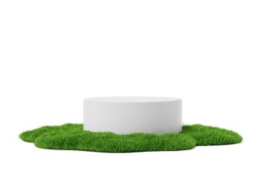 En az beyaz silindirik podyum yemyeşil çimen tarlasına yerleştirilmiş, temiz beyaz arka plan, çevre dostu ürün modeli konsepti veya doğa tasarımı. 3B Hazırlama