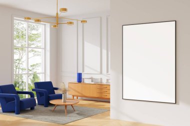 Modern iç mekanda içi boş posterler, orta çağ mobilyaları, mavi sandalyeler ve parlak arka planda geniş pencereler. 3B Hazırlama