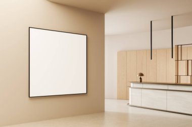 Boş poster modeli bej duvarda asılıydı modern iç dekorasyon, ahşap aksanlı ve nötr arka planlı. 3B Hazırlama
