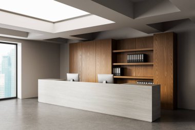 Beyaz resepsiyonlu modern ofis resepsiyonu, ahşap raf ve tavan penceresi ışıklandırması, nötr tonlara göre ayarlanmış. 3B Hazırlama