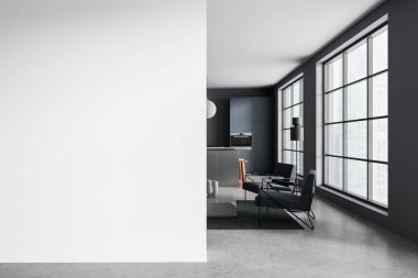 Boş duvar maketi, minimalist mobilyalar, büyük pencereler ve beton zemin ile çağdaş iç mimari, poster veya resim tasarımı için ideal. 3B Hazırlama