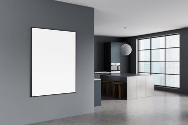 Modern mutfak iç dekorasyonu, tabure, büyük pencere ve beton döşeme, 3 boyutlu tasarım, tasarım modeli...