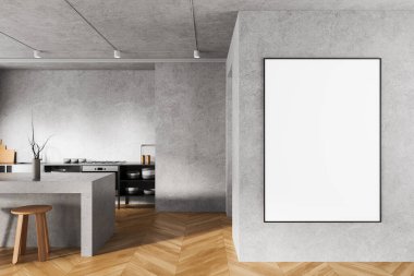 Ahşap zemini olan beton mutfak, modern minimalist tasarımı olan boş duvar posteri modeli, ham doku arka planı, tamamlanmamış ev içi konsepti. 3B Hazırlama