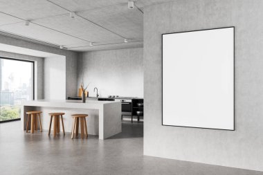 Tabureli modern beton mutfak, minimalist dekor, çiğ duvarda büyük boş çerçeve, tamamlanmamış kentsel iç mekan tarzı, ev tasarımı konsepti. 3B Hazırlama