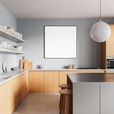 Ahşap dolaplı çağdaş mutfak, minimalist dekor, ve tezgahın üstündeki çerçevede boş kare poster modeli, 3 boyutlu tasarım, iç tasarım konsepti