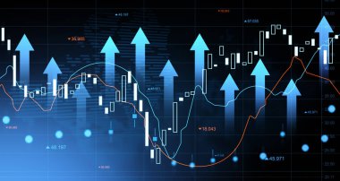 Candlestick tablosu, yukarı bakan oklar, parlayan veri hatları ve finansal büyüme ve yatırım başarı kavramını temsil eden gelecekteki dijital şebeke arkaplanı. 3B Hazırlama