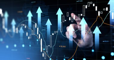 Dijital hisse senedi grafiklerine el ile işaret ederek, yukarı doğru yükselen oklar, mavi tonlu soyut arka plan, yatırım ve finansal büyüme kavramını tasvir eden