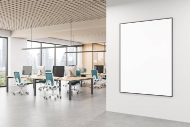 Beyaz bir duvarda büyük boş bir poster çerçevesi olan çağdaş ofis iç mimarisi, minimal tasarım, açık alan arka planı, şablon kavramı. 3B Hazırlama