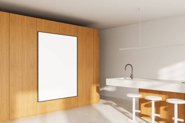 Ahşap duvarda büyük boş posteri olan çağdaş mutfak iç mimarisi, minimal stil, beyaz arkaplan, tasarım şablonu ve duvar modelleme konsepti, 3D oluşturma